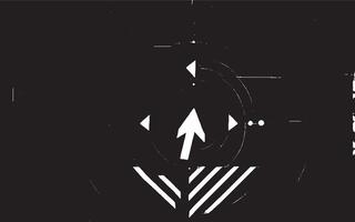 An abstract monochrome distressed illustration pattern with a black technology and gaming background, featuring a random arrow vector
