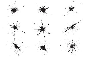 Black ink splatter set on white background splash monochrome grunge distressed pattern vector