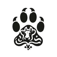 A black and white logo of a cow with a paw print vector
