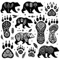 Set of bear paw prints and footprints in tribal style vector