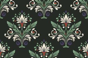 Elegant floral Ikat seamless pattern in green, red, and white on black background vector