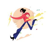 Illustration of a running evil guy. A cute young man is running with heavenly lightning. The character of a male villain. Image is isolated on white background. Comic style. vector