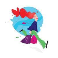 Illustration of a cute girl with shopping. Cute red-haired girl is running with phone and packages. Image is isolated on white background. Flat illustration for print and website. vector