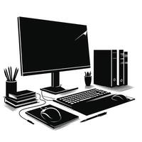 Computer desk with monitor, keyboard, mouse and other items vector