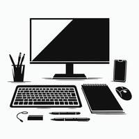 A black and white illustration of a computer, mouse, pen, and other items vector