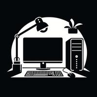 Computer desk with lamp and keyboard on black background vector
