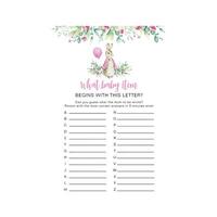 What Baby Item Game card with watercolor pink Peter rabbit vector