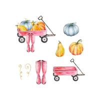 Watercolor cart with pumpkins and foliage illustration set vector