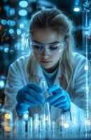 Female scientist in laboratory using test tube, wearing white lab coat, conducting medical research photo