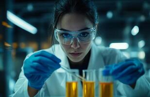 Female scientist in laboratory using test tube, wearing white lab coat, conducting medical research photo