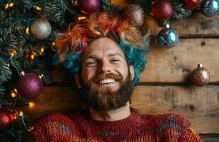 A man with colorful hair and beard smiling photo