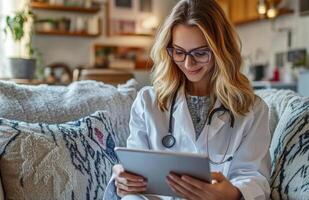 A woman in a doctor's coat is sitting on a couch with a tablet photo