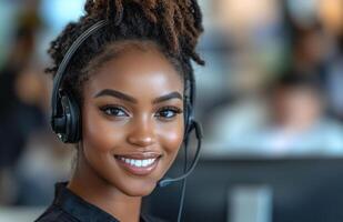 Smiling Black woman call center worker wearing a headset, working on a computer, communicating photo