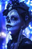 A woman with a sugar skull makeup and a black dress photo