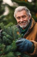 Happy elderly man harvesting Christmas trees for holiday decor at a festive tree farm photo