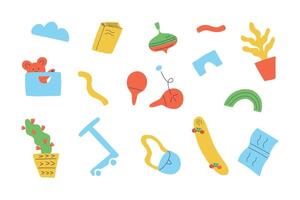 Set of toys for concept of swap things. Sharing or swap party background. Eco consumption of things. vector