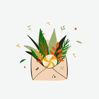 Christmas open envelope and letter with plants and candy. Greetings and Happy New Year message or present. . vector