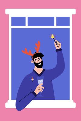Man in the window celebrate Xmas. Christmas card with cute cartoon character.