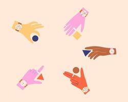 Set of colorful hands with watch on wrist. Diversity hands with wristwatch. illustration isolated on background. vector