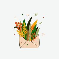 Greeting card with envelope, flowers, Sorbus. Christmas and Happy New Year print for postcard, covers, pattern. . vector