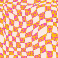 Seamless pattern in 1970 trippy style with grid and leopard print. Wavy swirl print in pink colors. Hand drawn illustration. Design groovy for background, wallpaper, pack. vector