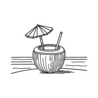 Simple drawing of coconut with straw and mini umbrella with seashore background vector