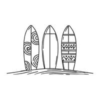 Simple drawing of 3 surfboard on the sand with different pattern vector
