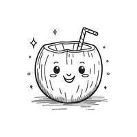 Simple drawing of a coconut with straw on the ground vector