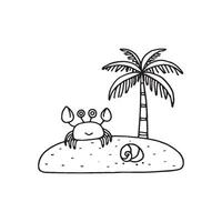 Simple drawing of a crab on the sand next to a shell and coconut tree vector