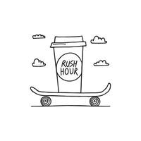 Simple drawing of A coffee cup with 'rush hour' written on it, placed on a skateboard vector