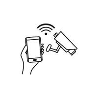 Drawing of CCTV camera be controlled with smartphone vector