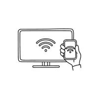 Drawing of smart tv controlled with wifi smartphone vector