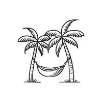 Simple drawing of a 2 palm tree beside a hammock vector