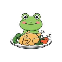 Simple of cute frog with a roast chicken and vegetables vector