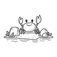 Simple drawing of a crab near the water and rock on the beach vector