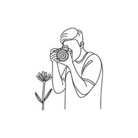 Photographer man using DSLR camera to capture a blooming flower vector