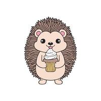 Simple illustration of cute hedgehog holding a brownie with a scoop of ice cream vector