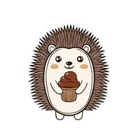 Simple illustration of cute hedgehog holding a brownie with a scoop of ice cream vector