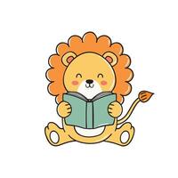 Doodle illustration of a cute lion reading a book vector