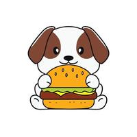 Simple illustration of cute dog holding a burger with lettuce and tomato vector