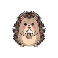 Simple illustration of cute hedgehog holding a brownie with a scoop of ice cream vector