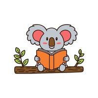 Doodle illustration of a cute koala reading a book on tree vector