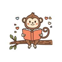 Doodle illustration of a cute monkey reading a book on tree vector