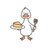 Simple illustration of cute goose holding a pie slice with a fork vector