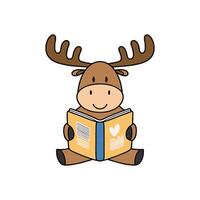 Doodle illustration of a cute moose reading a book vector