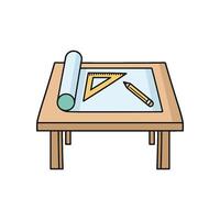 Illustration Doodle of a drafting table with T-square and pencil and architecture plan vector