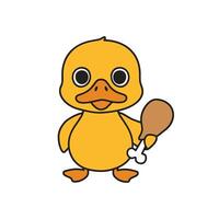Simple illustration of cute duck with a chicken drumstick with a bone vector