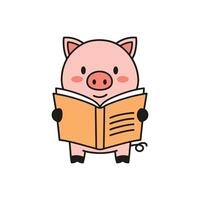 Doodle illustration of a cute pig reading a book vector