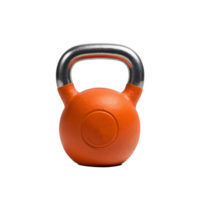 yellow kettlebell with black handle on black floor with gym background and bokeh lights low key dark lighting with copy space png