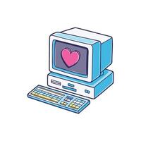 Illustration of an isometric old-school computer with heart simple doodle vector